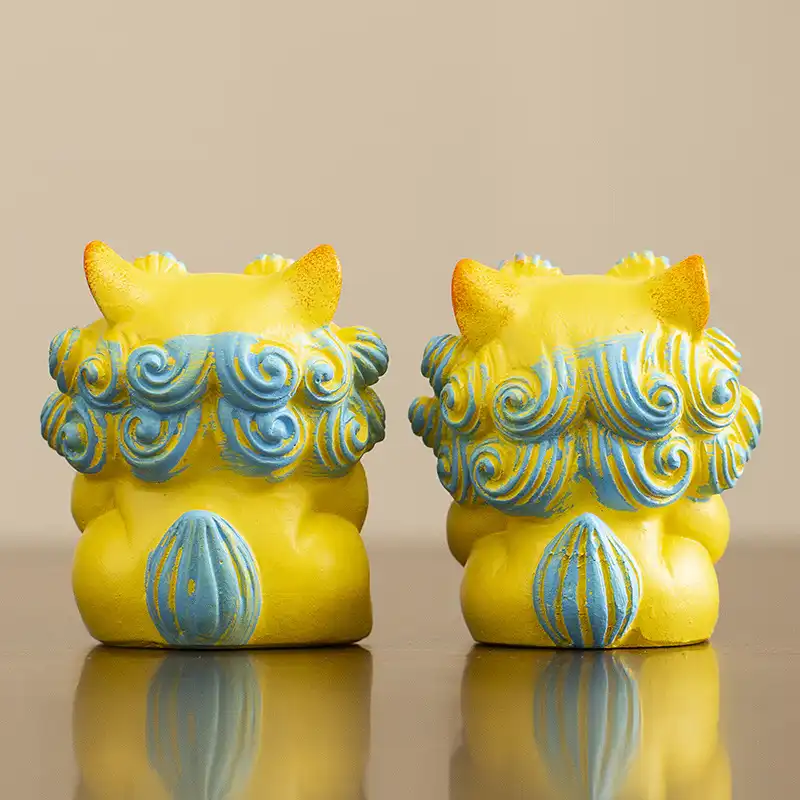 Lucky stone foo dog statue pair green sandstone Chinese guardian lions feng shui home decor.
