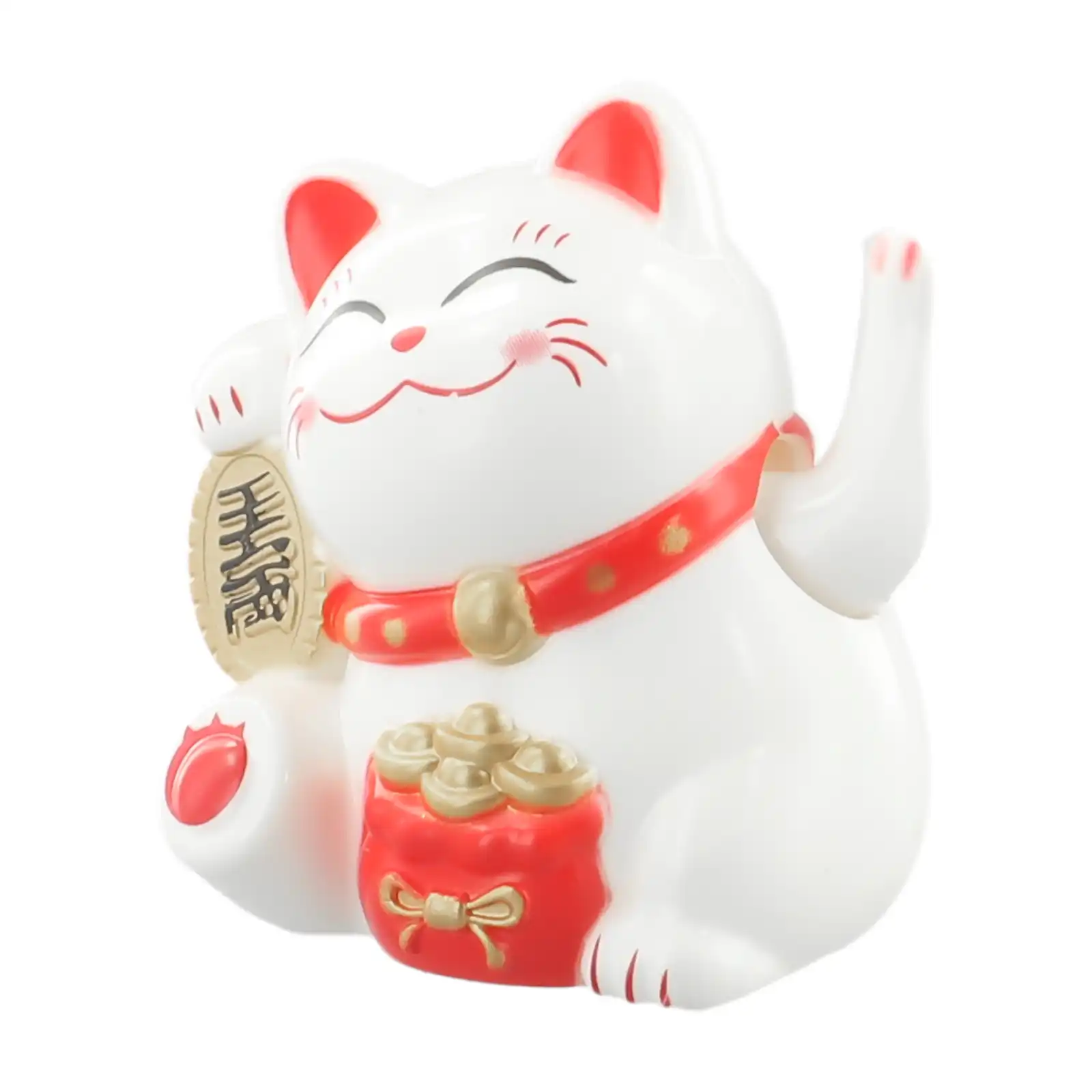 Lucky cat dashboard ornament waving motion demonstration in bright light.
