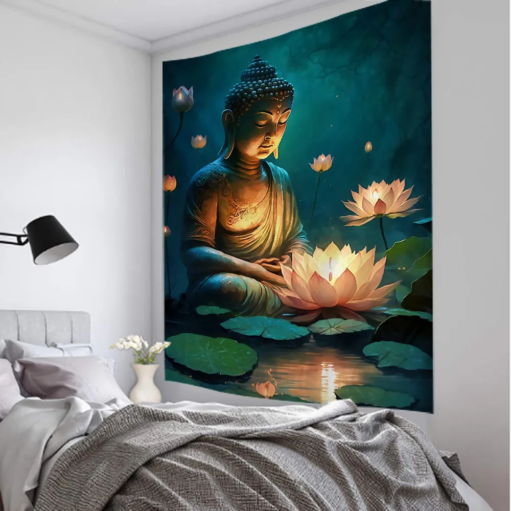 Buddha tapestry wall hanging home decor Indian lotus mandala meditation design polyester fabric.