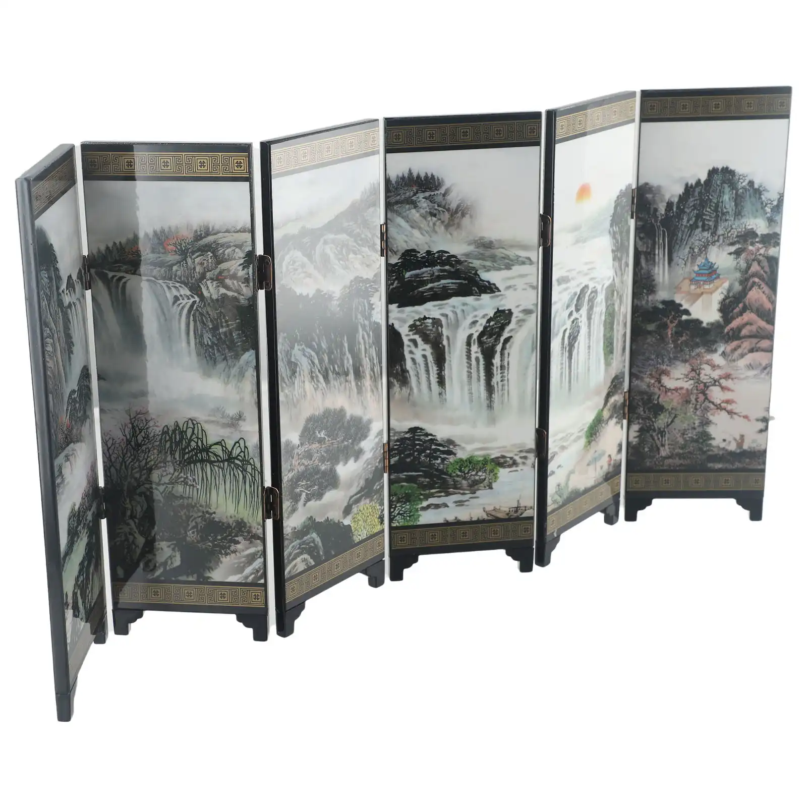 Traditional Chinese screen divider shown fully expanded at 48x24cm dimensions in home setting.