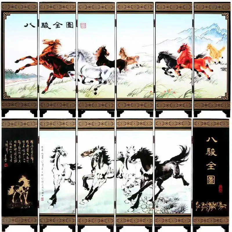 Three-leaf mini folding screen with six panels featuring classical eight horses animal theme.