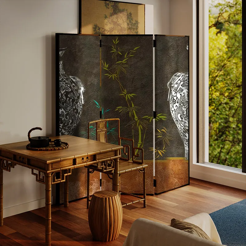 Neoclassical Chinese folding screen with walnut wood frame and bamboo bottle painting artwork.