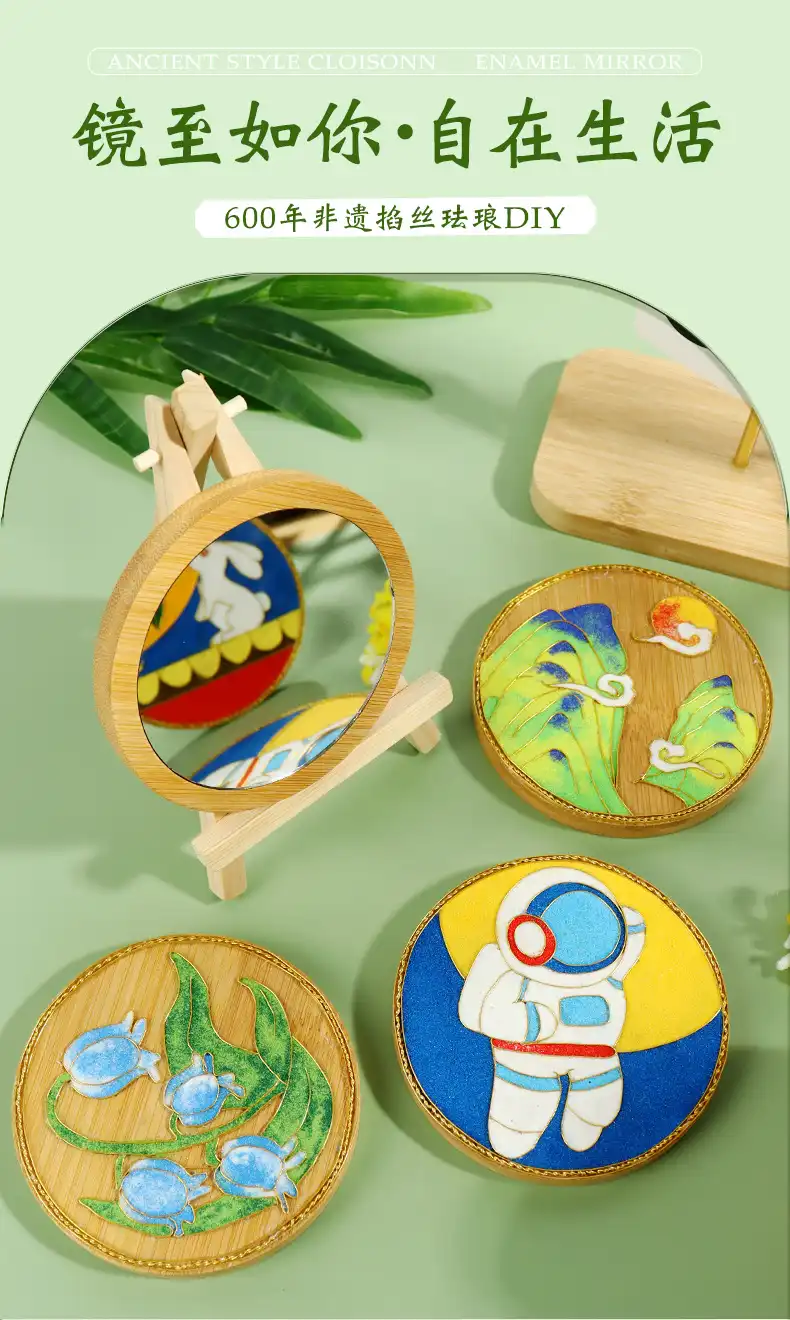 Step-by-step cloisonne mirror creation process demonstrating wire placement and enamel application.