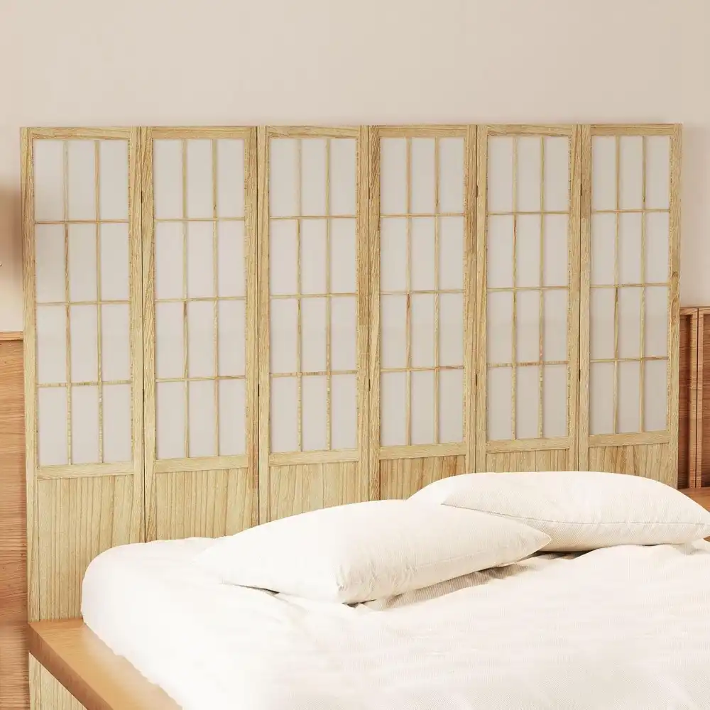 Six-panel paulownia wood room divider showing double hinge construction and folding capability.