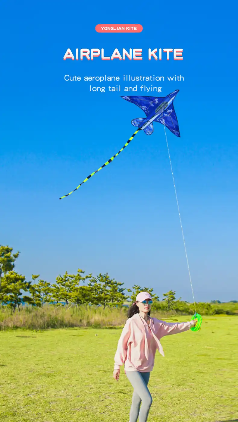 Blue camouflage aircraft kite folded in storage bag demonstrating compact portability design.