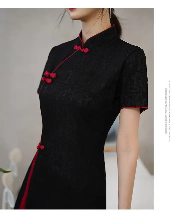 Model in vintage cheongsam showing plus size fit and inclusive sizing options.