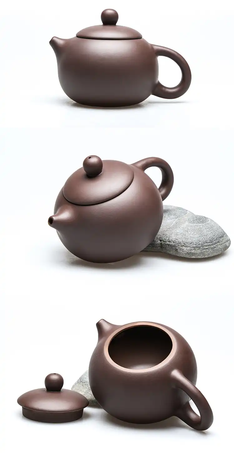 Household drinkware display featuring purple clay Xishi teapot in modern kitchen tea station.