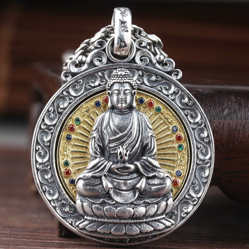  Woman wearing Buddha protection amulet pendant necklace for elegant spiritual jewelry look.