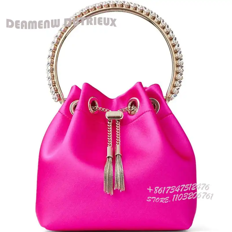 Bucket shape mini bag profile showing compact size and sophisticated silhouette design.