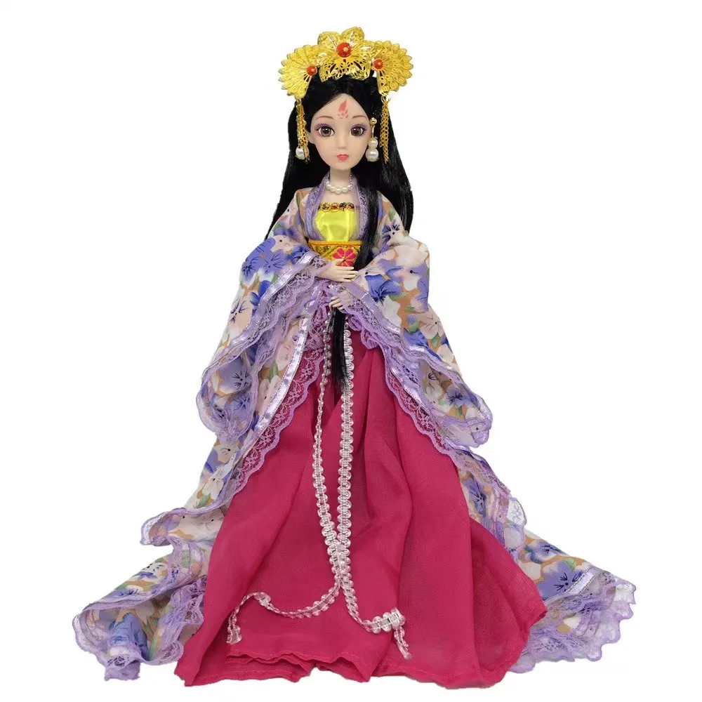 Side profile view of Chinese princess doll highlighting elegant costume silhouette and details.
