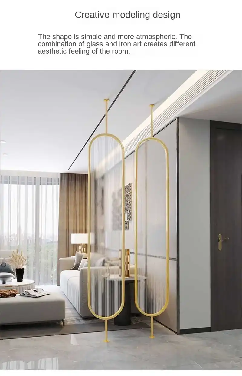 Nordic style glass partition wall screen showing rotatable mechanism and hydraulic function.