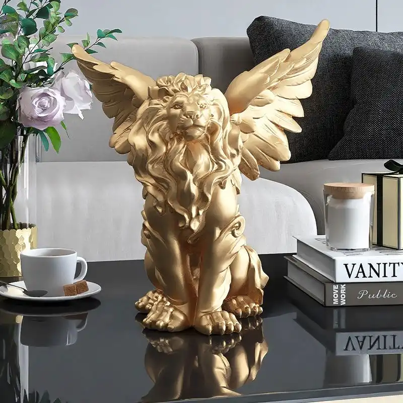 Lion figurine on bookshelf between decorative objects creating stylish home library display.