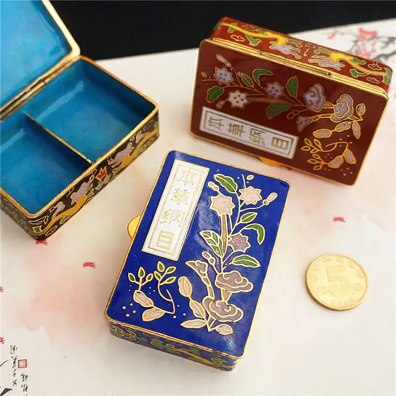 Comparative size reference showing cloisonne box dimensions next to common household items.