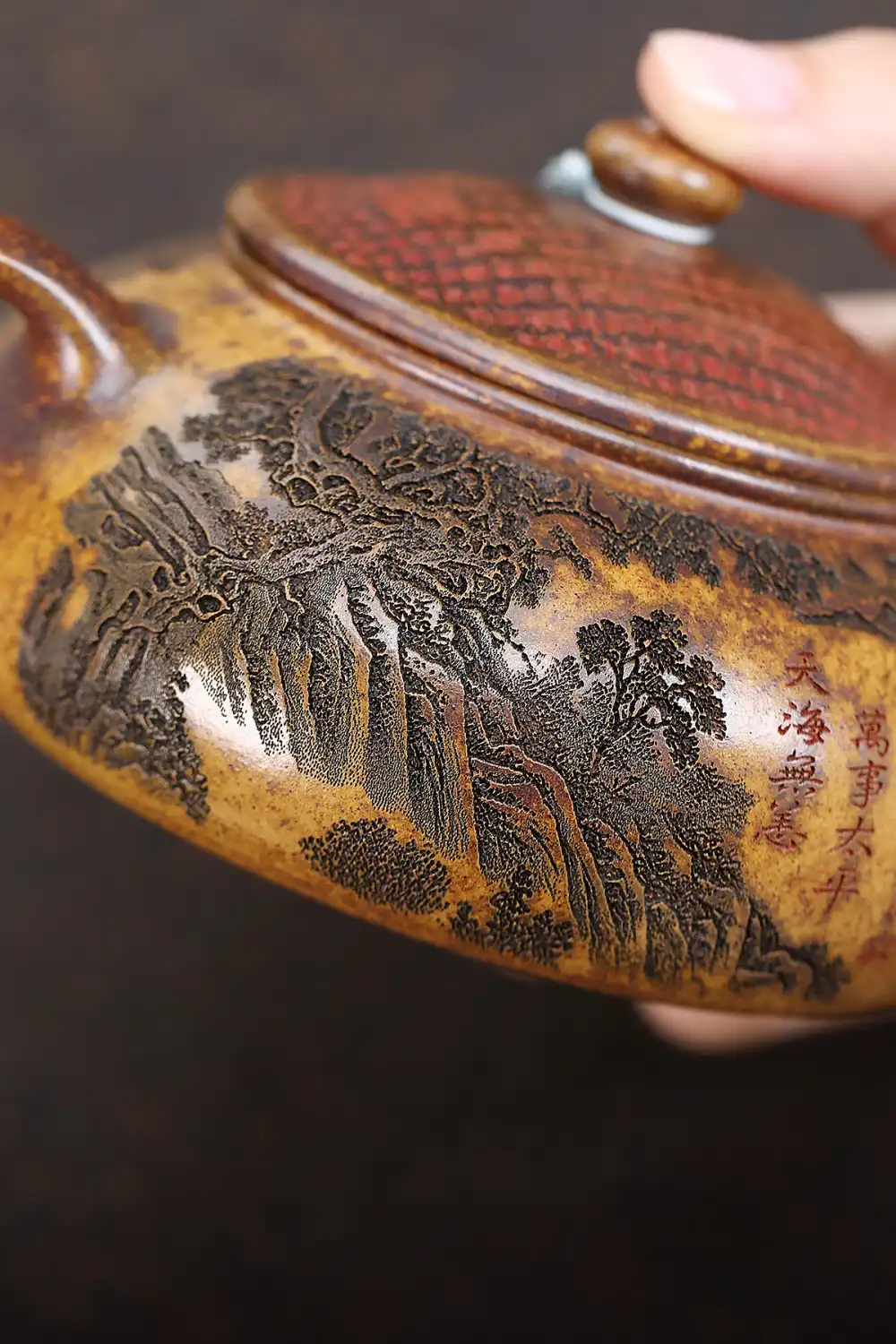 Handmade Arhat Hanjiang teapot spout detail displaying smooth purple clay finish and precise construction.