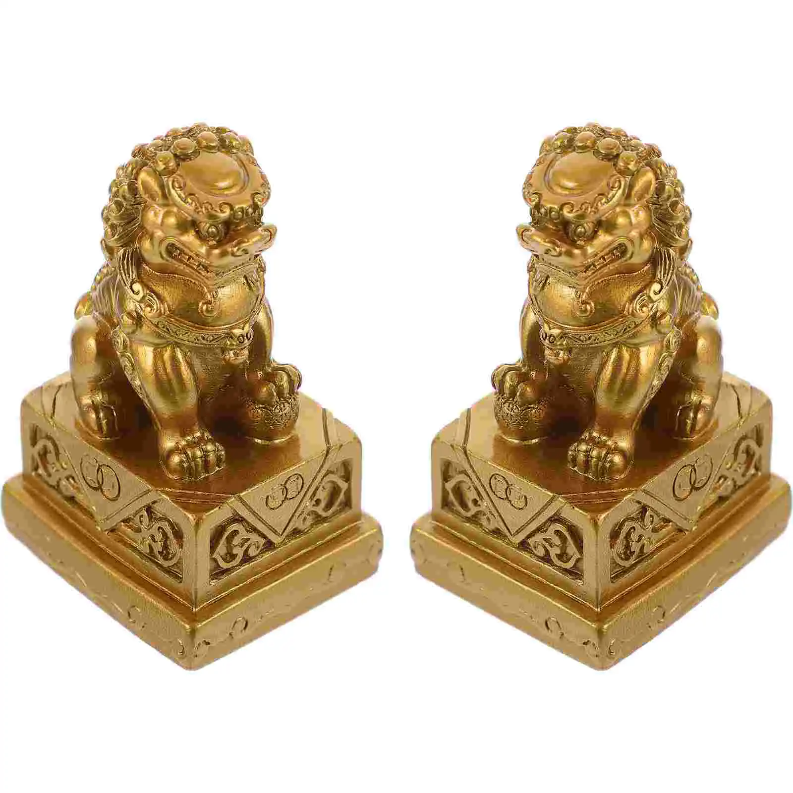 Two golden mini lion statues displayed on white background showing detailed resin craftsmanship and elegant finish.