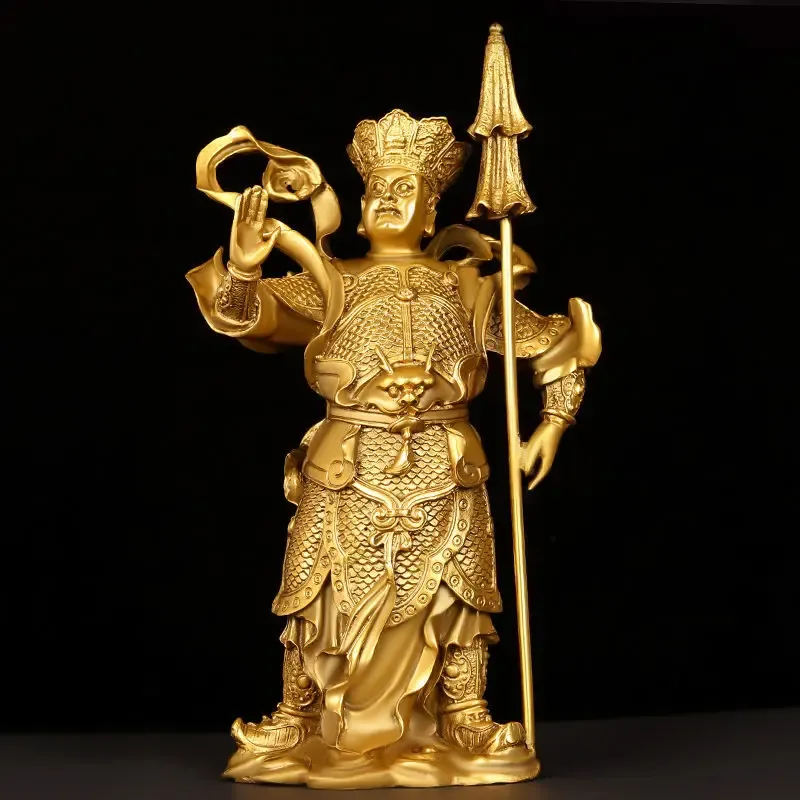 Detailed side profile of copper Heavenly King statue showing flowing robes and divine weapons.