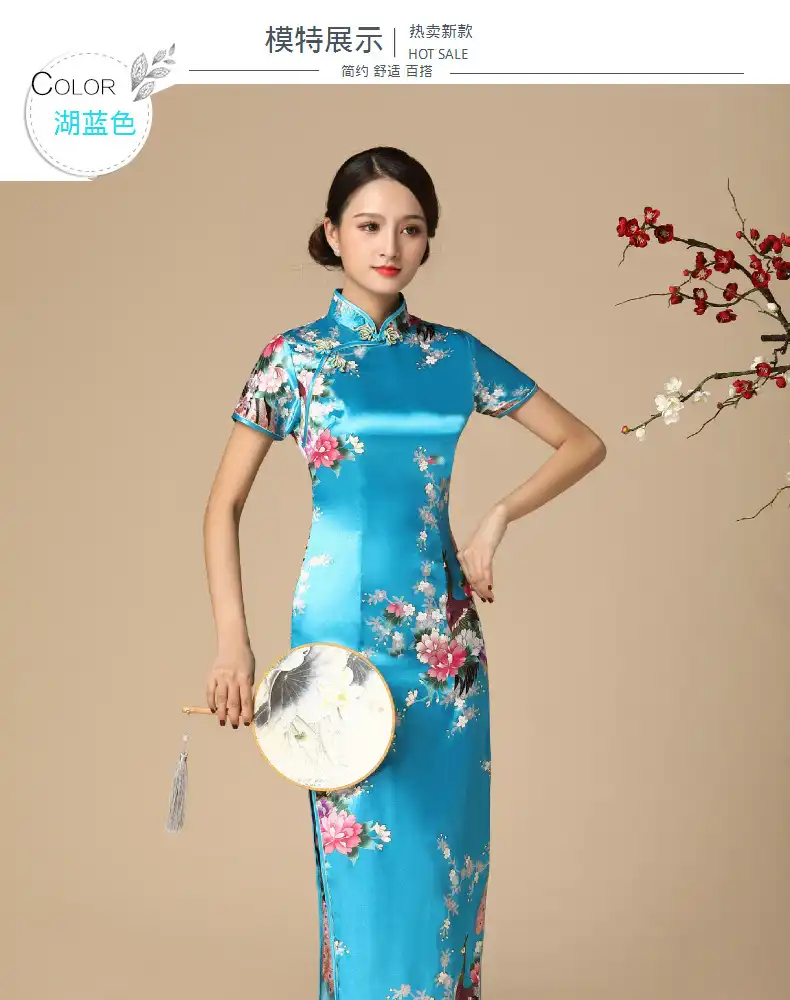 Model wearing red Chinese qipao dress showing the fitted silhouette and authentic traditional design.