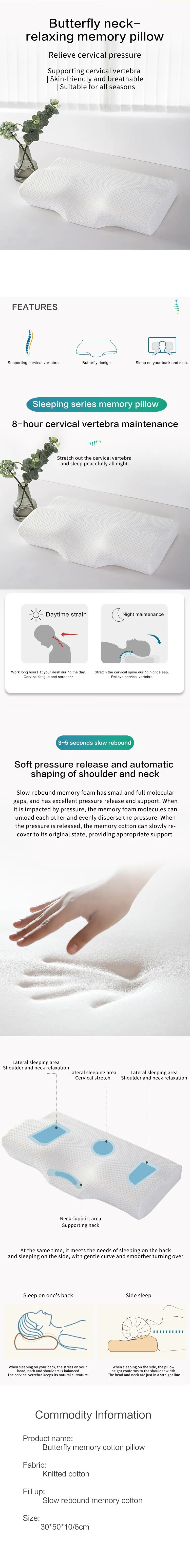Memory foam cervical pillow with concave design showing anti-snoring partition and slow rebound.