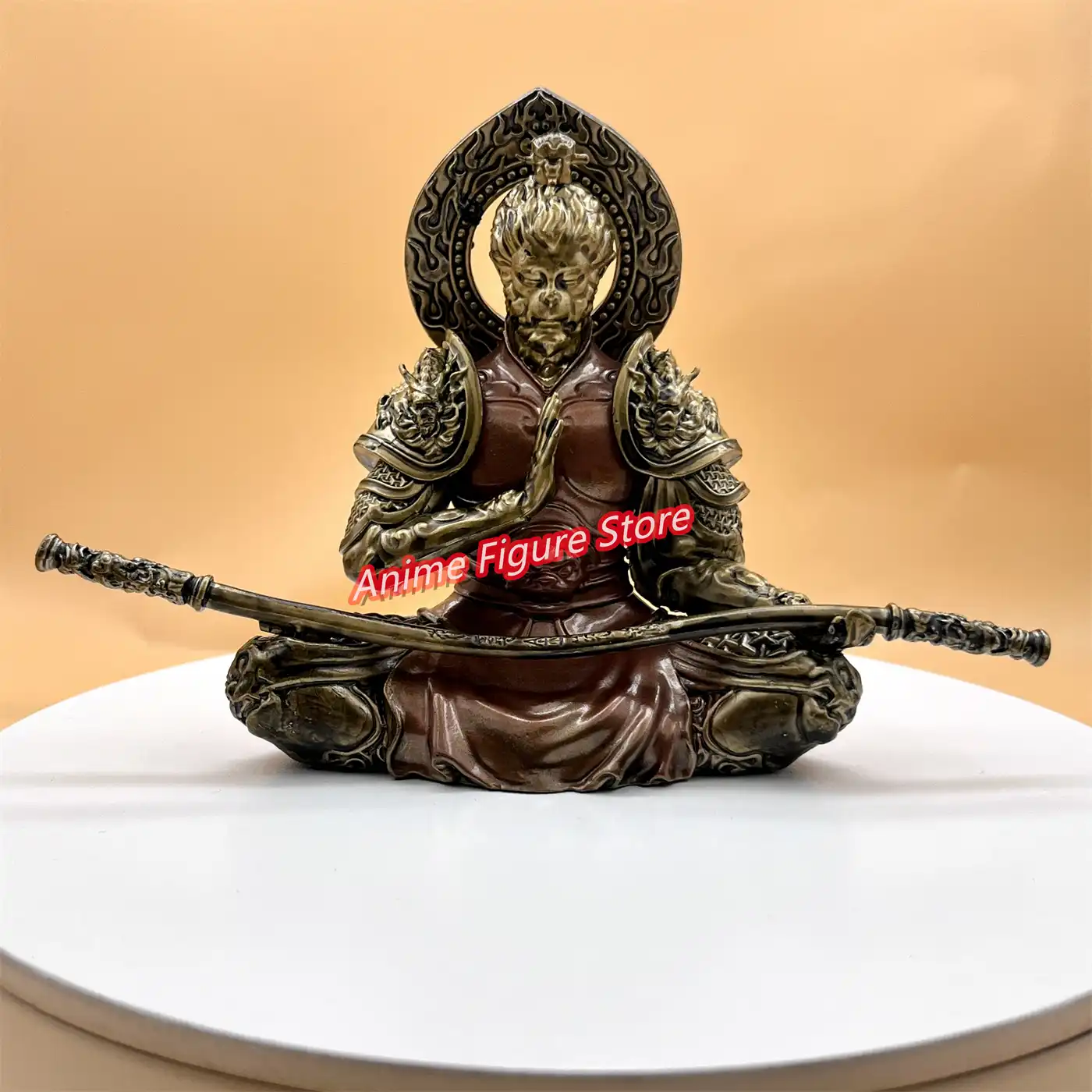 Cabinet display setup featuring Black Myth Wukong collectible figure model with proper lighting.