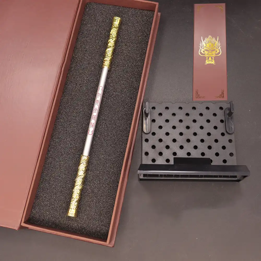 Close-up view of golden cudgel details showcasing intricate metalwork and authentic design elements.