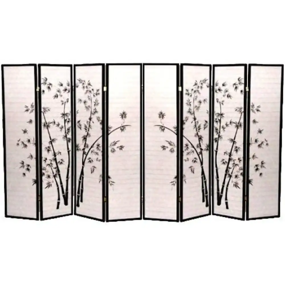 Asian style room divider showing floral pattern design and translucent wood construction.