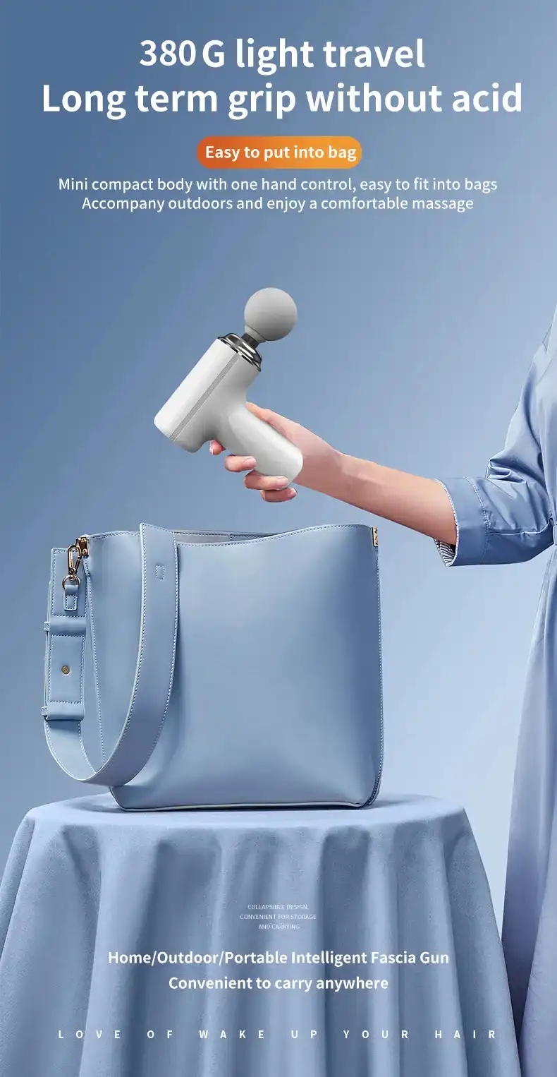 AI massage gun with U-shaped head, used on neck..