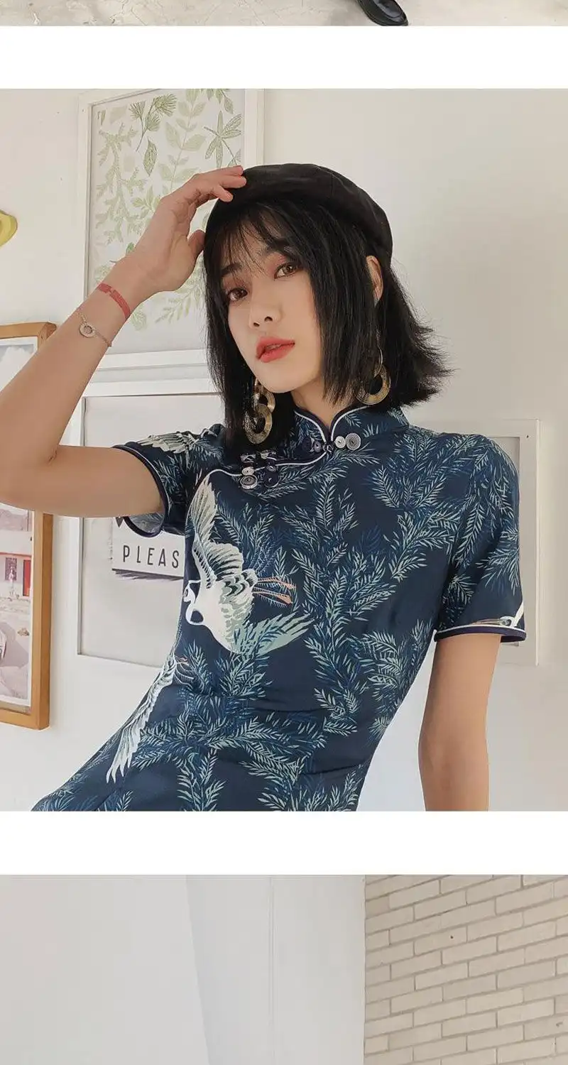 Back view of crane print qipao showing A-line cut and comfortable fit for young women.