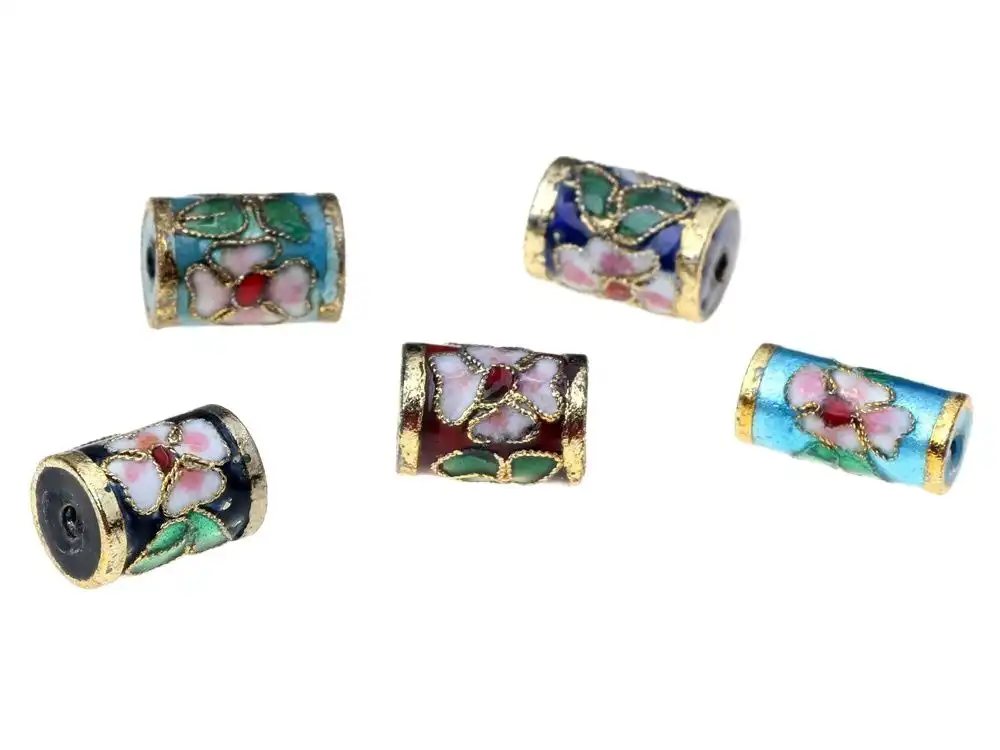 Cylinder-shaped cloisonne beads with classical Chinese flower motifs perfect for bracelet making.