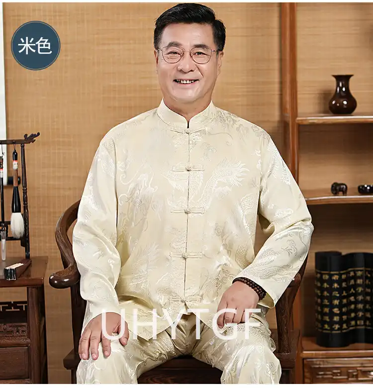 Side profile view of Tang suit showing traditional Chinese silhouette and elegant tailoring lines.