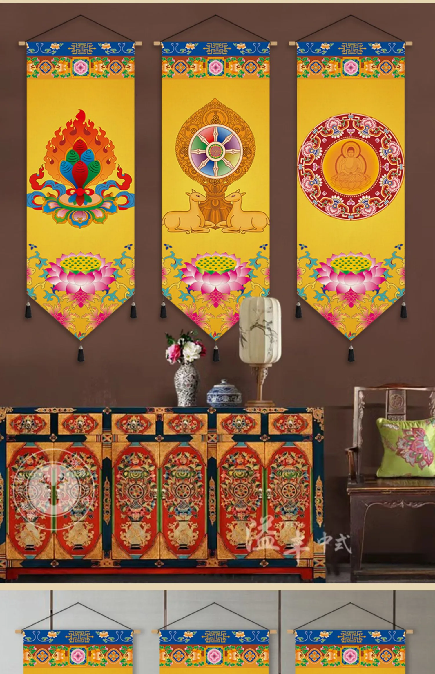 Close-up view of Eight Auspicious Buddhist symbols on premium canvas Thangka artwork.