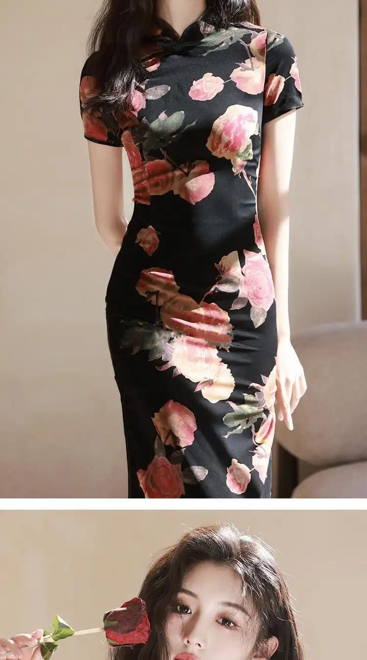 Elegant Chinese qipao dress photoshoot demonstrating sophisticated vintage print design.