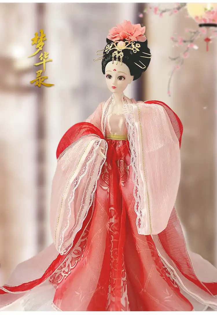 Close up of doll face and hair styling displaying authentic Chinese imperial court beauty features.