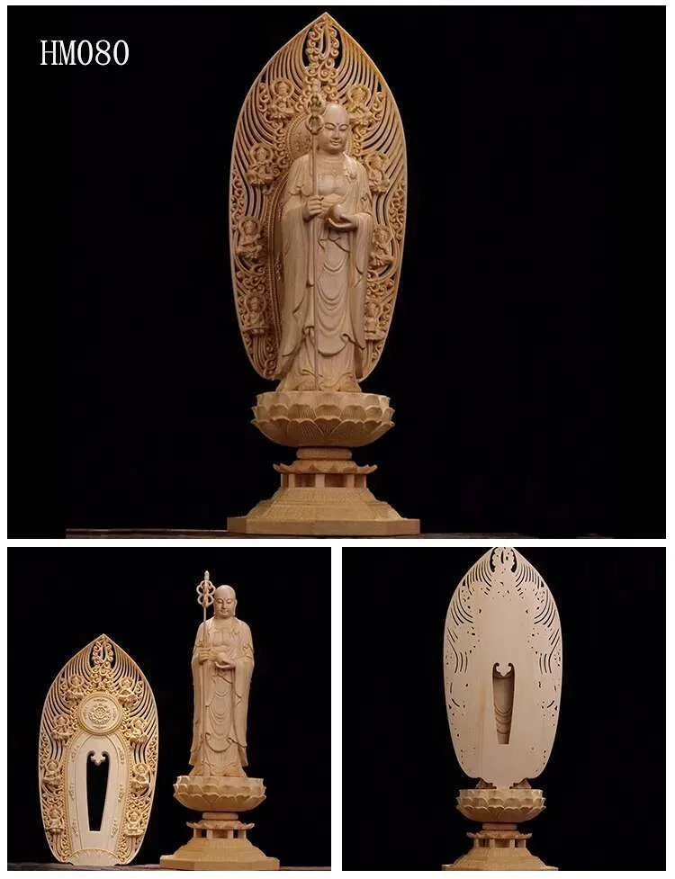 Close-up of Buddha statue robe folds showing expert wood carving texture details.
