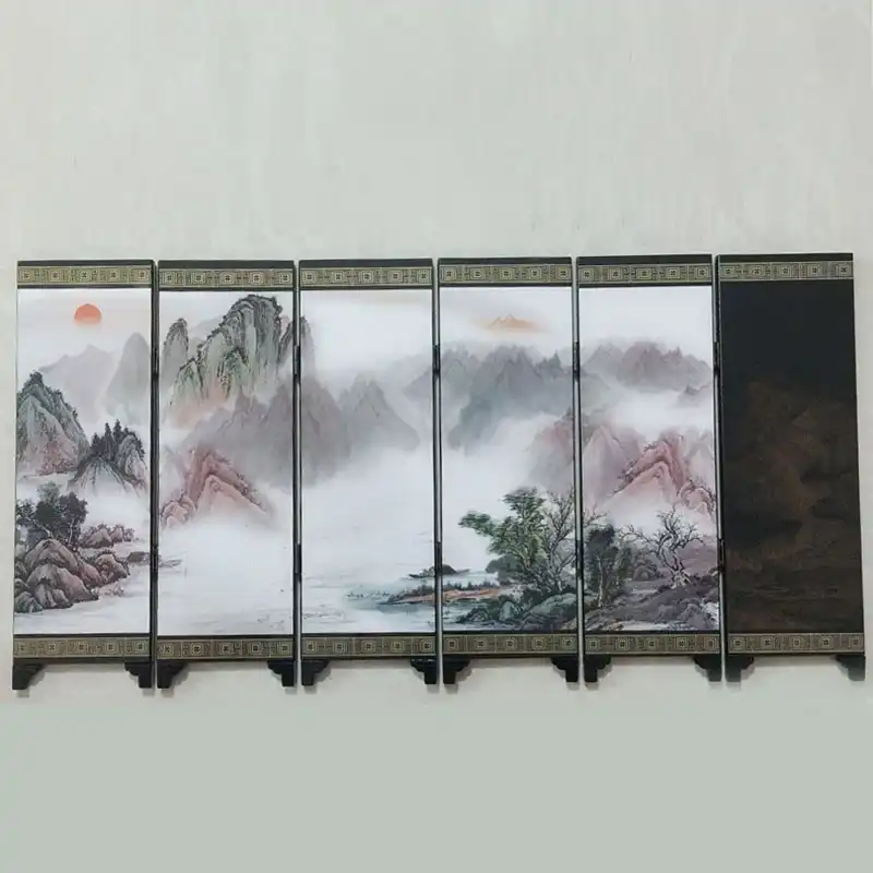 Vintage style wooden room divider with authentic Chinese landscape artwork on each panel.