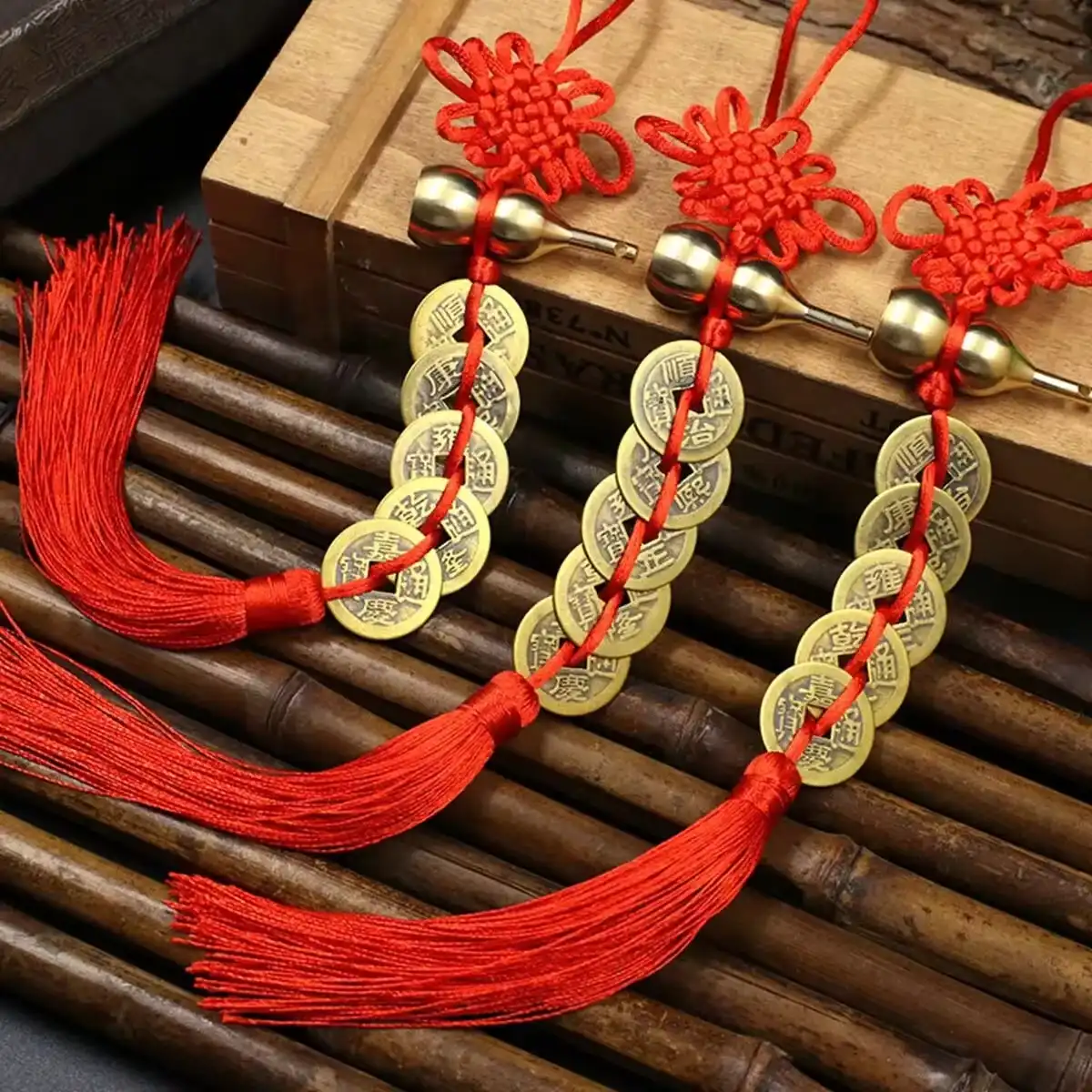Chinese five emperor coins copper gourd pendant hanging ornament 30cm length.