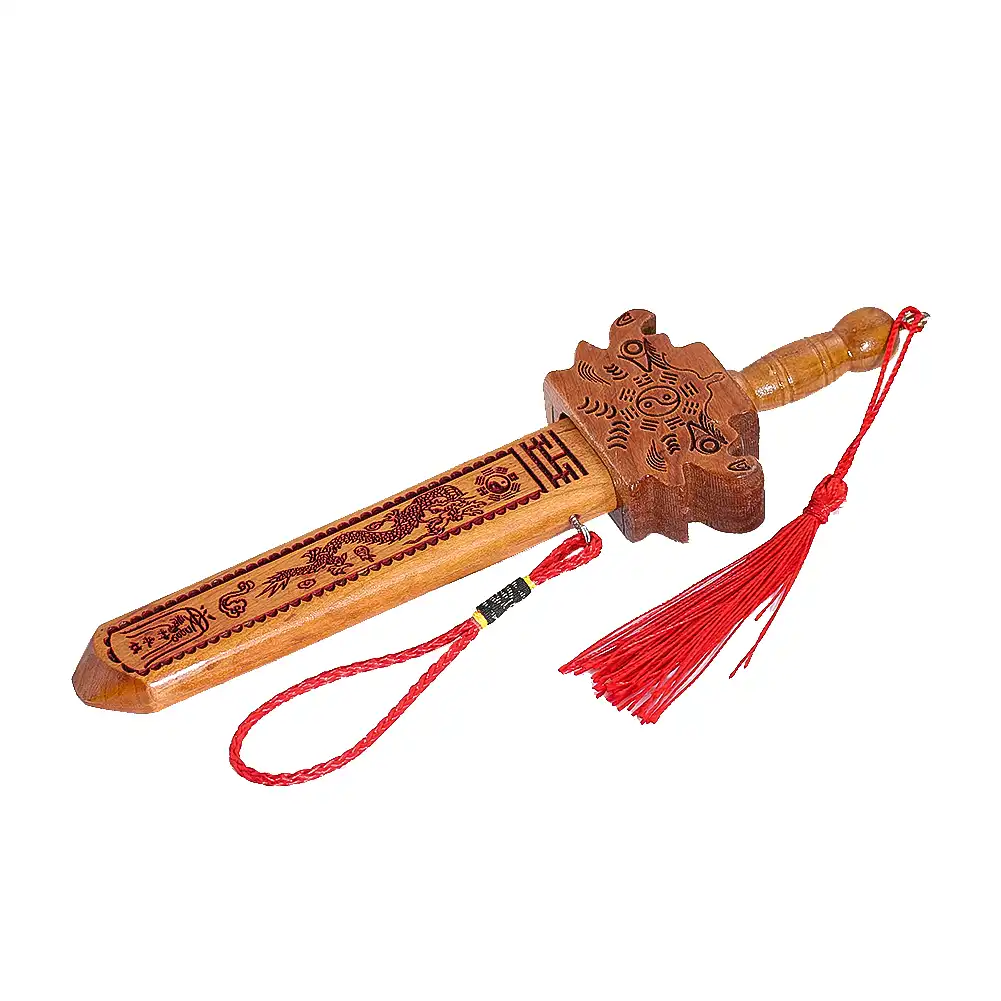 Feng shui peach wood sword with carved dragon and eight trigrams design for home protection.