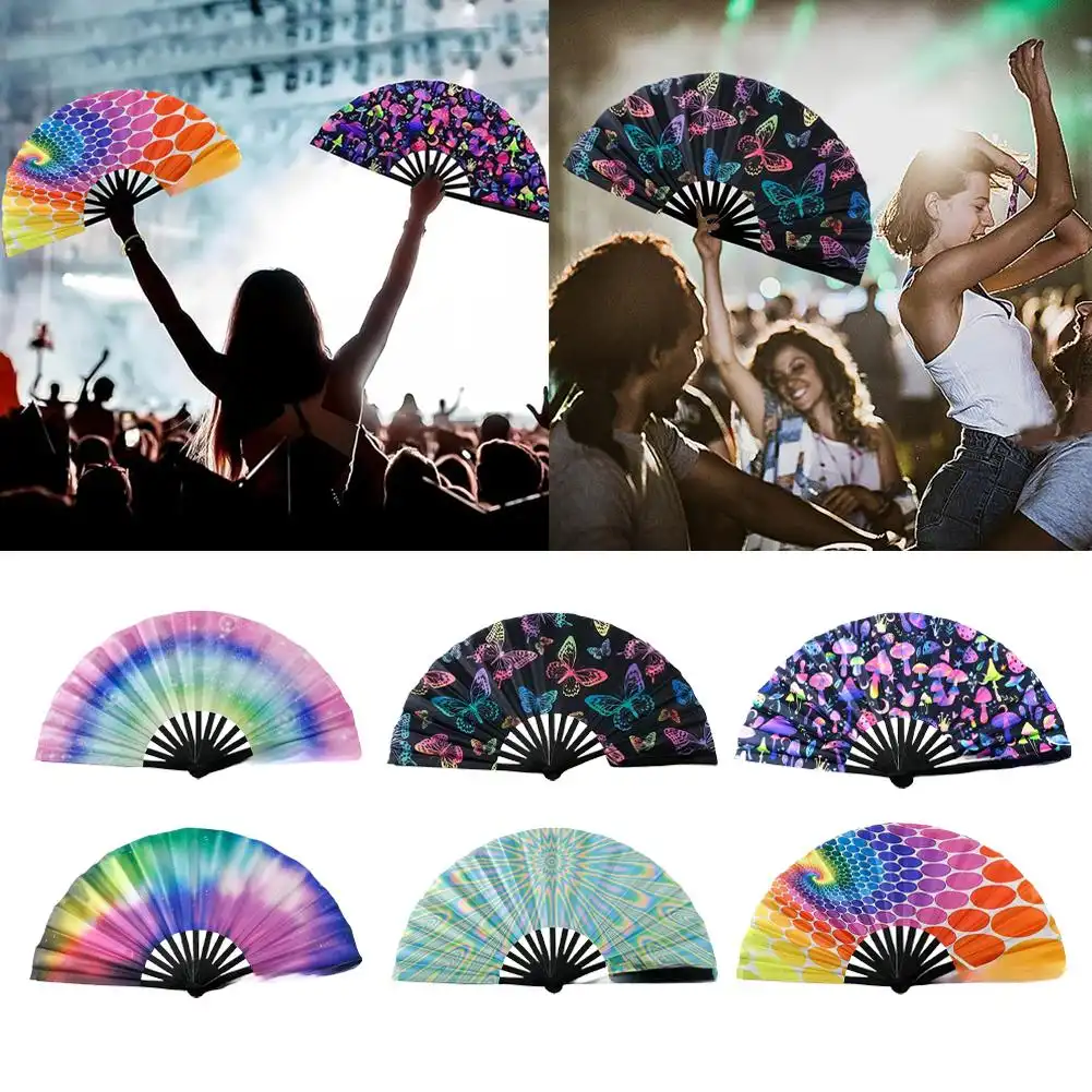 Multiple color variations of UV fluorescent fans arranged displaying available options and design patterns.