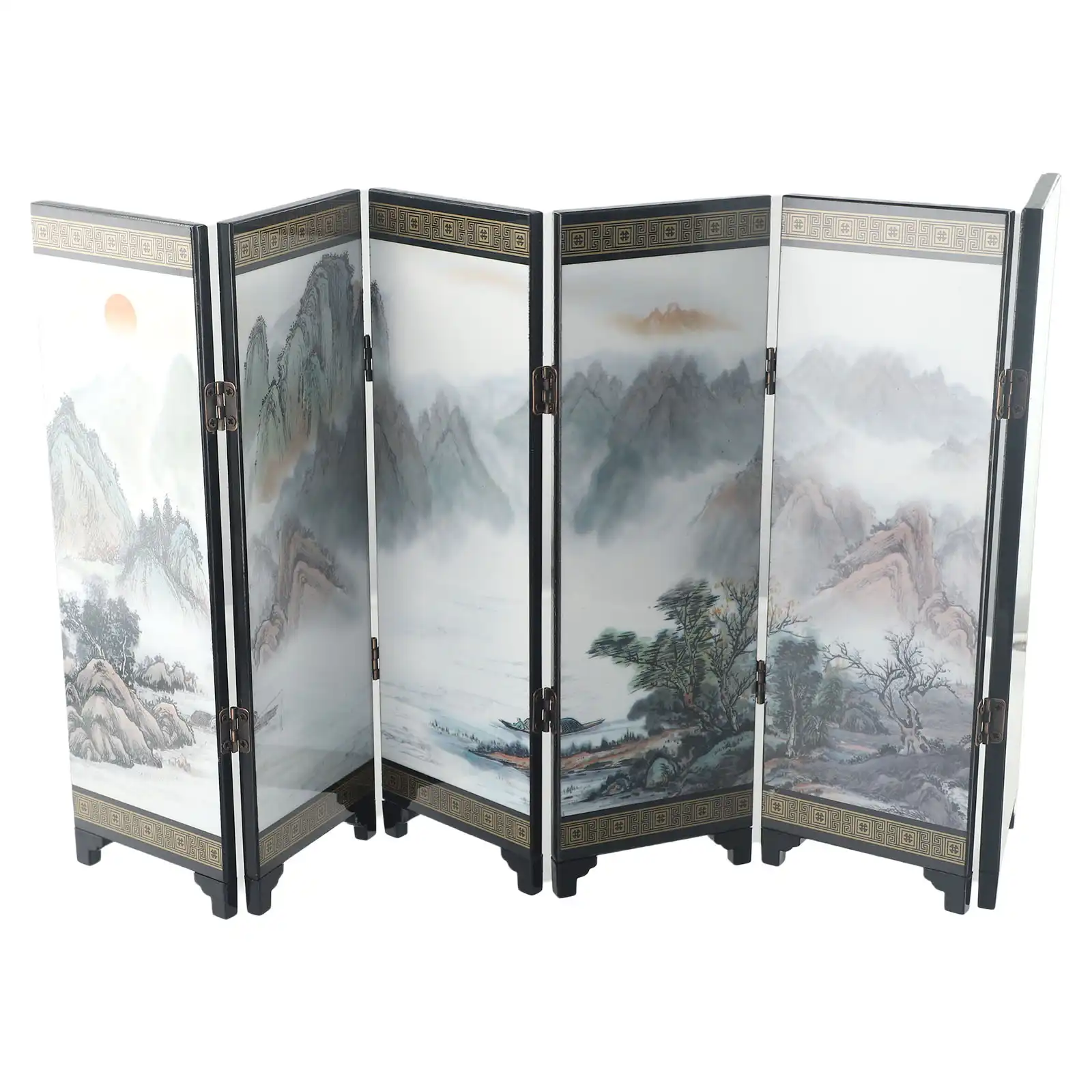 Chinese folding screen positioned on wooden desk as decorative office partition element.
