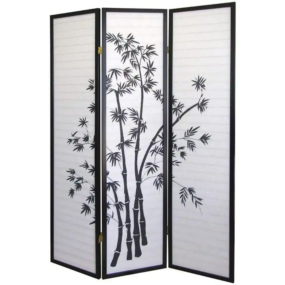 Freestanding Chinese Shoji screen positioned as bedroom privacy separator with elegant styling.