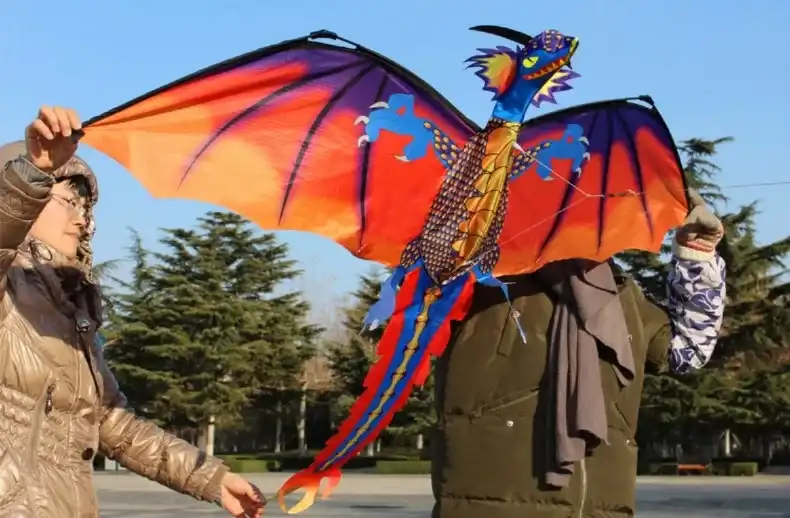 Complete 3D dragon kite package with 100m line winder, spiral tail, and storage bag included.