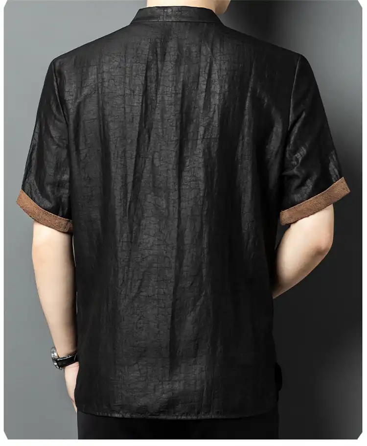 Men wearing Gambiered silk shirt demonstrating comfortable loose fit and professional appearance.
