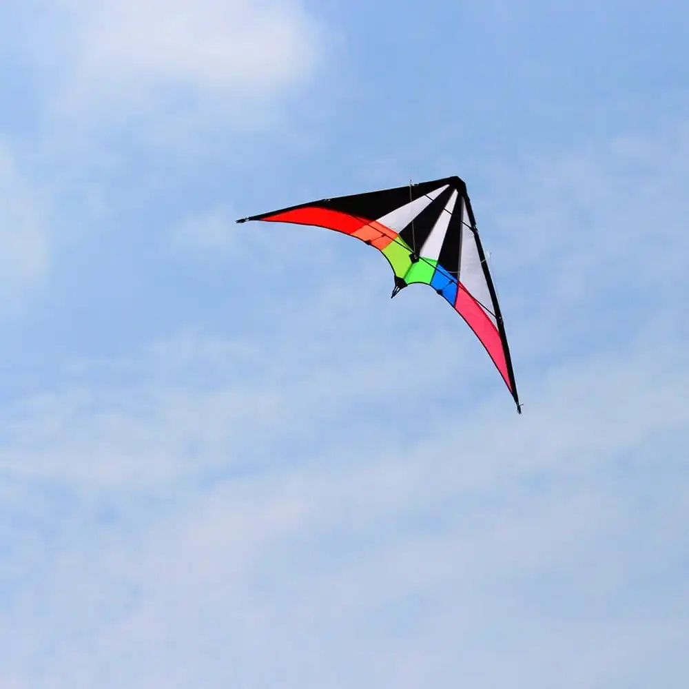 Complete stunt kite package showing dual control lines, handles and rainbow triangle kite.