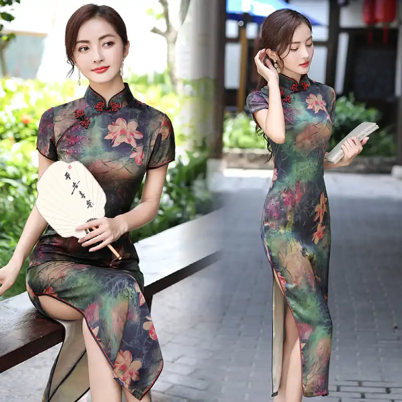 Front view of long cheongsam dress displaying traditional Mandarin collar and buttons.
