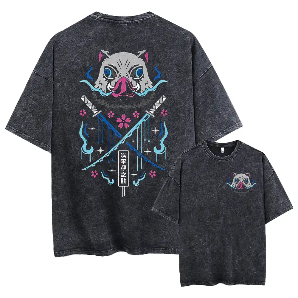 Men's cotton anime graphic T-shirt, close-up of print details..