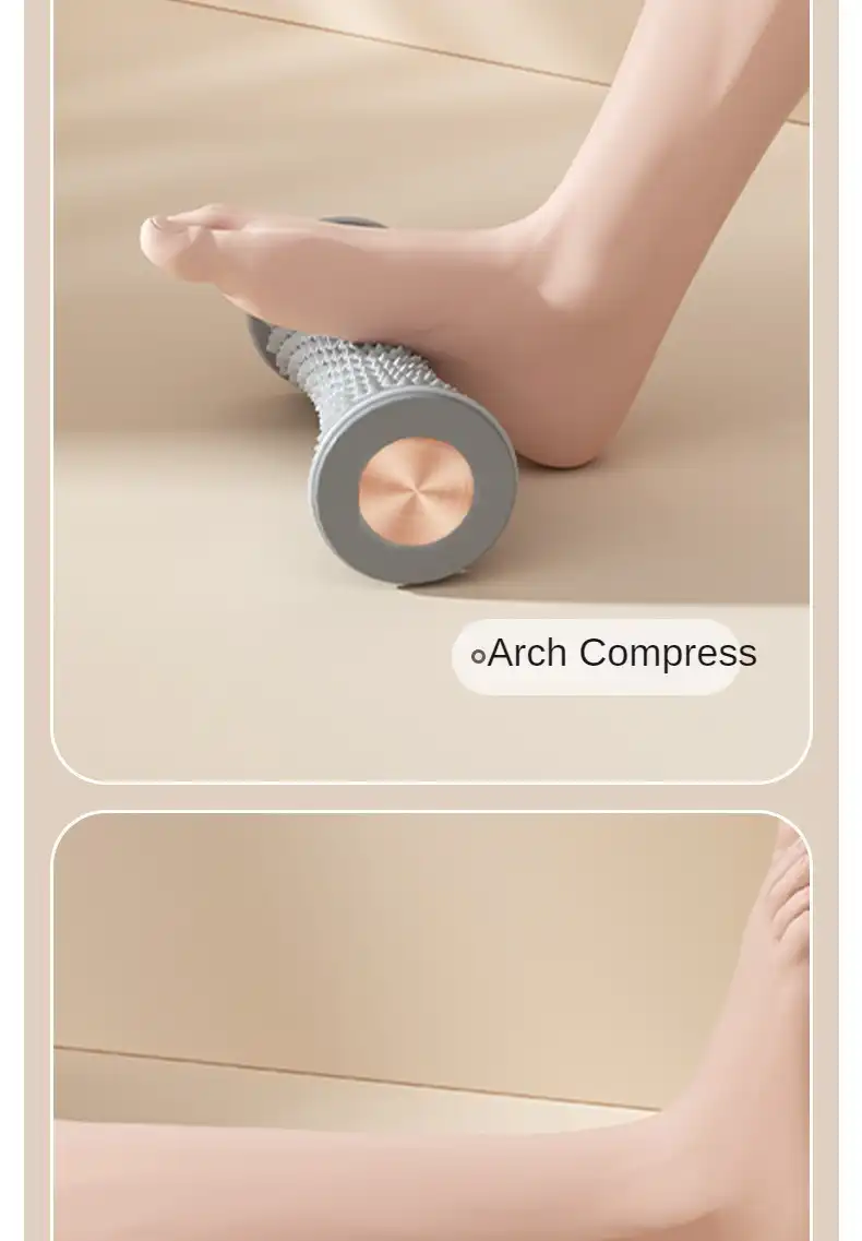 Manual foot massager placed next to bare feet showing scale and positioning for effective massage.