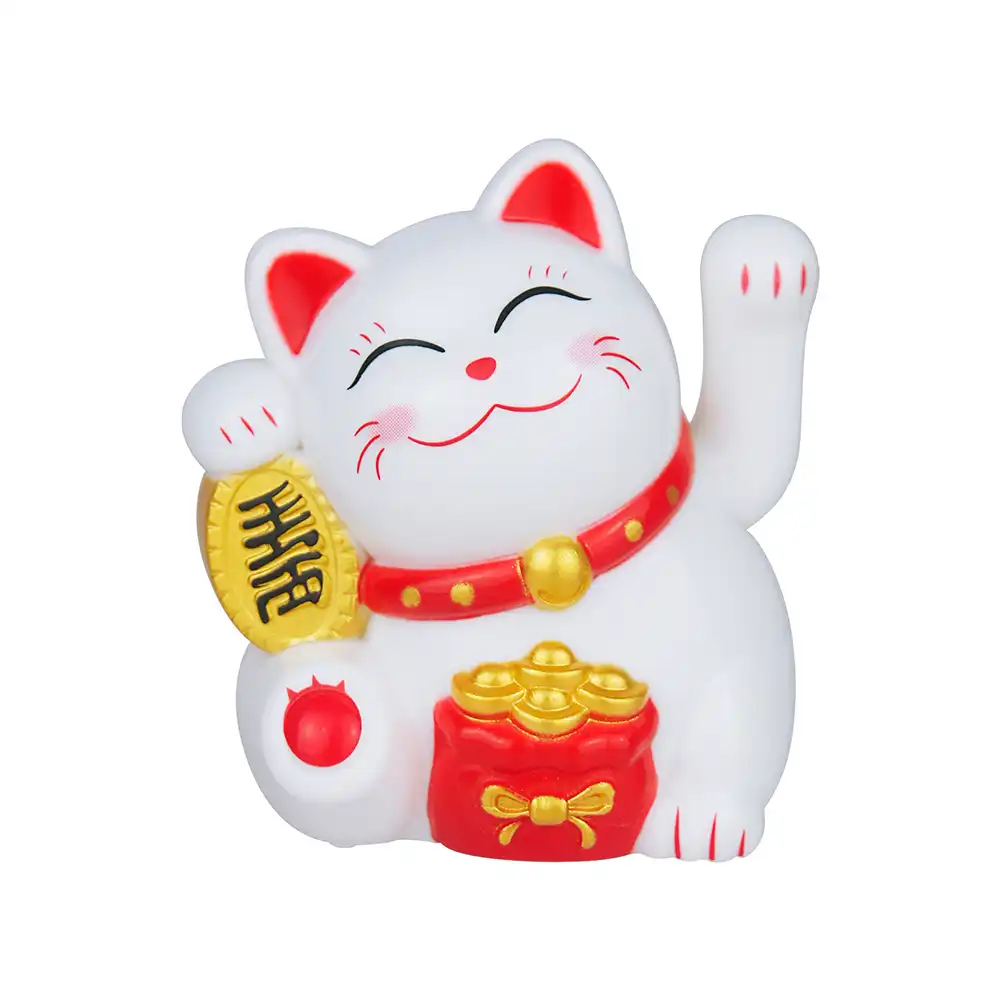 Detailed craftsmanship of lucky cat facial features and golden ingot design.