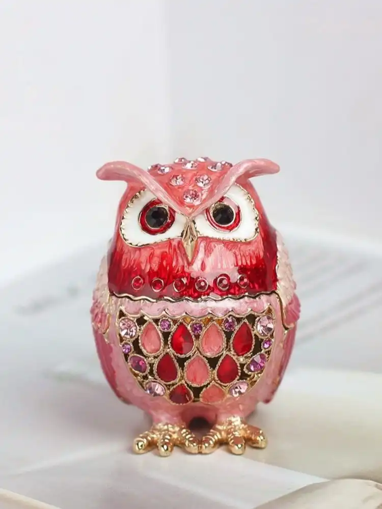 Decorative cloisonne owl box showcasing pastoral style design with vibrant enamel colors.