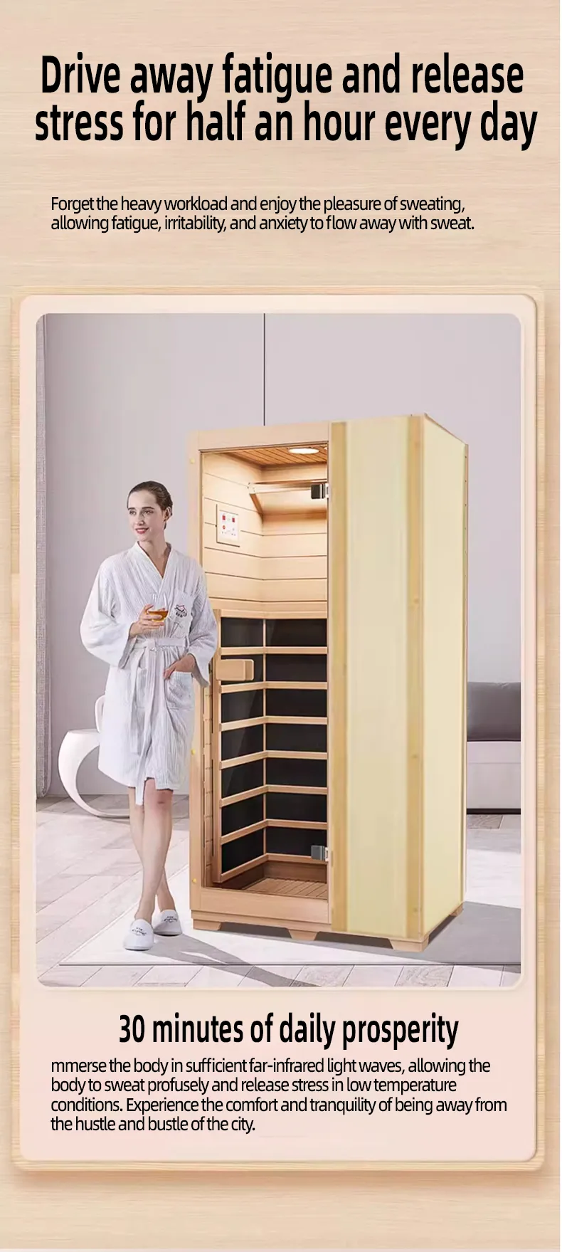 Complete infrared sauna room dimensions 900x650x1850mm showing spacious single person design.