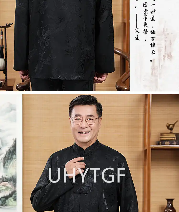 Tang suit historical context display showing evolution of traditional Chinese menswear design heritage.