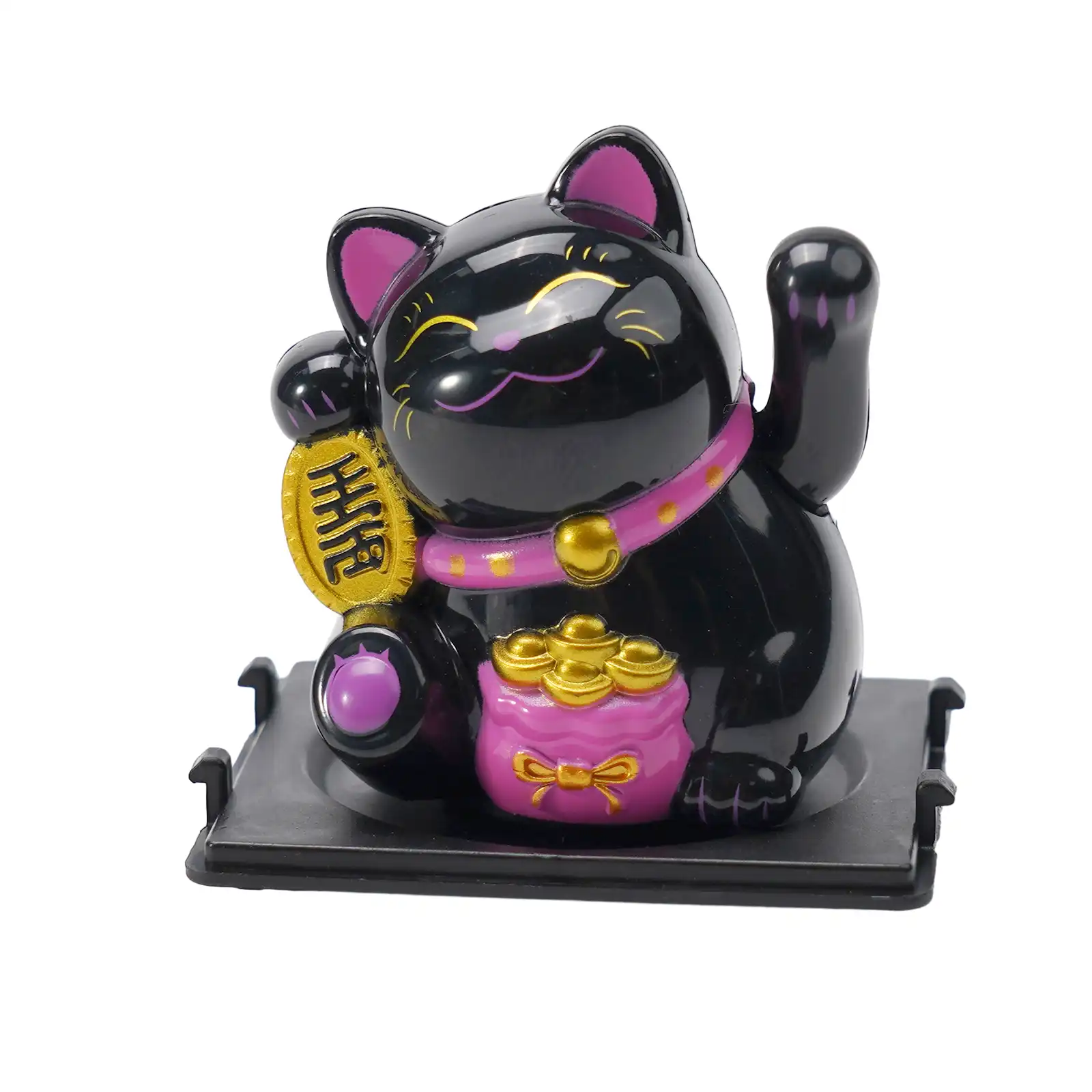 Lucky cat dashboard decoration working in indoor bright lighting conditions.